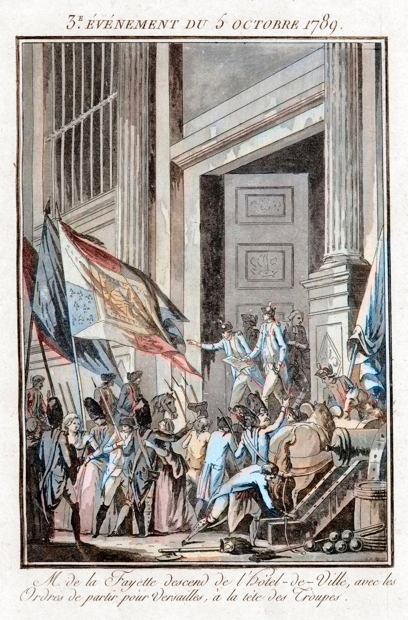 Franska revolutionen - La Fayette lämnar Paris stadshus för att åka till Versailles den 5 oktober av Jean Francois Janinet