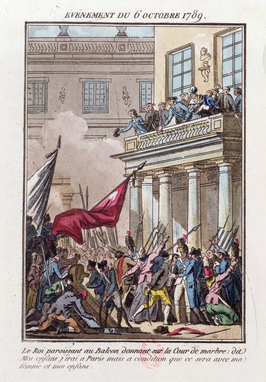 Ludvig XVI uppträdde på balkongen i Versailles den 6 oktober 1789 för att berätta för den parisiska pöbeln att han kommer att åka till Paris på villkor att hans fru och familj reser med honom av Jean Francois Janinet