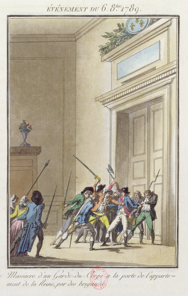 Mobb av parisare som attackerar och dödar vakten vid ingången till drottningens lägenheter i Versailles 6 oktober 1789 av Jean Francois Janinet