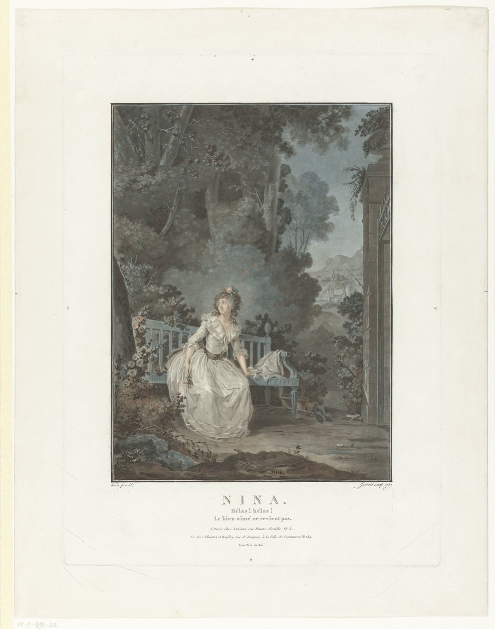 Porträtt av Madame Dugazon Nina. Ack! Ack! Den älskade kommer inte tillbaka (titel på objekt) av Jean Francois Janinet