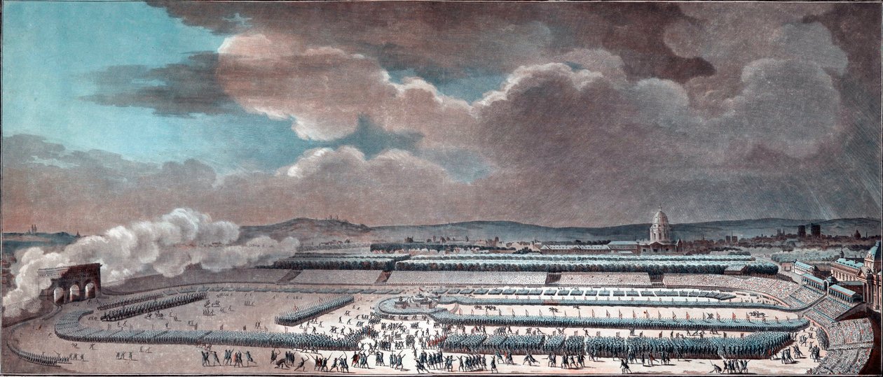 Federationens festival (firar den konstitutionella monarkin). Paris, Champ-de-Mars, den 14 juli av Jean Francois Janinet