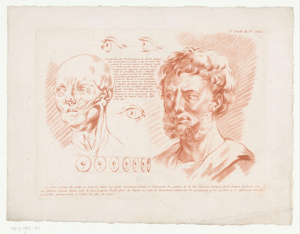 Två mäns huvuden och ögon från olika synvinklar 3.e Feuille du 8e Cahier. (titel på objekt) Kompositioner med delar av människokroppen (serietitel) Huitième Cahier de Principes de Design (serietitel) av Jean Francois Janinet