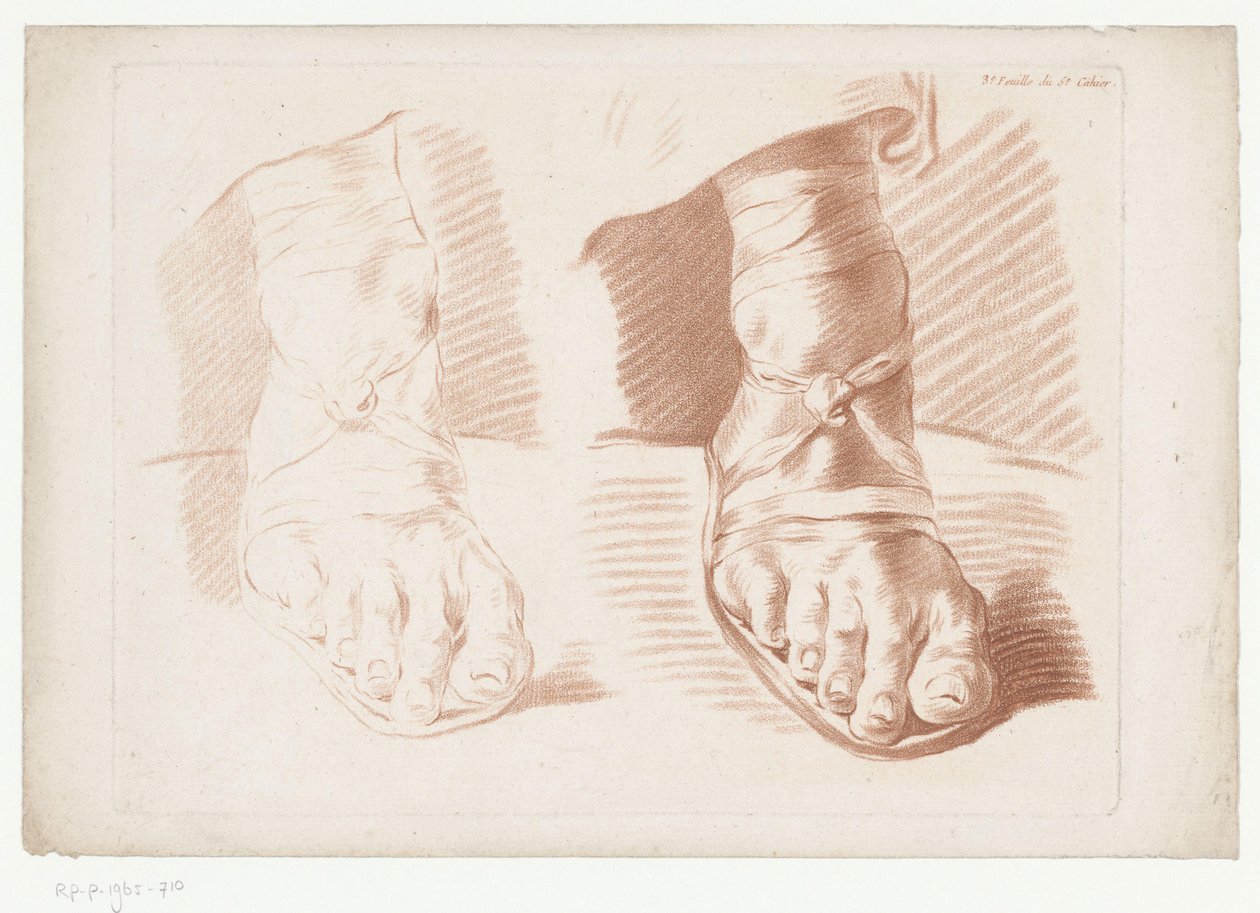 Två fot i sandaler 3.e Feuille du 5.e Cahier. (titel på objekt) Kompositioner med delar av människokroppen (serietitel) Cinquième Cahier de Principes de Dissein (serietitel) av Jean Francois Janinet