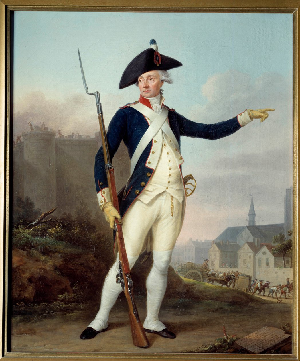 Franska revolutionen: "" Hellängdsporträtt av medborgaren Nau Deville i nationalgardets uniform (i bakgrunden rivning av Bastiljen) av Jean Francois Marie Bellier