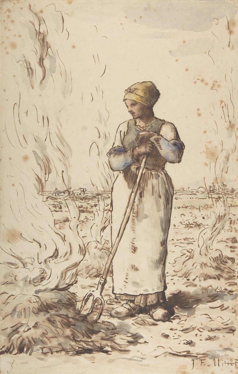 En kvinna som bränner ogräs, 1830-75 av Jean Francois Millet