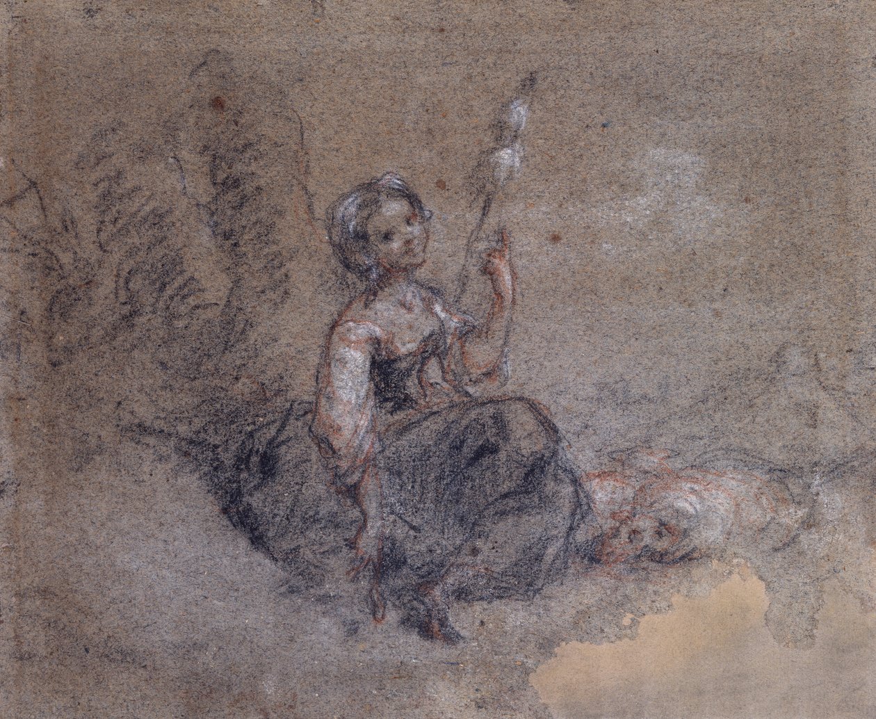 En ung herdinna som snurrar (röd och vit krita och kol på papper) av Jean Francois Millet