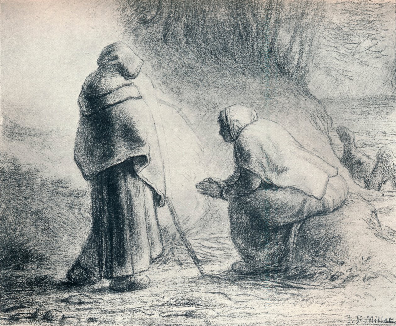 Bergeres Se Chauffant, Herdar vid en eld, 1800-talet av Jean Francois Millet