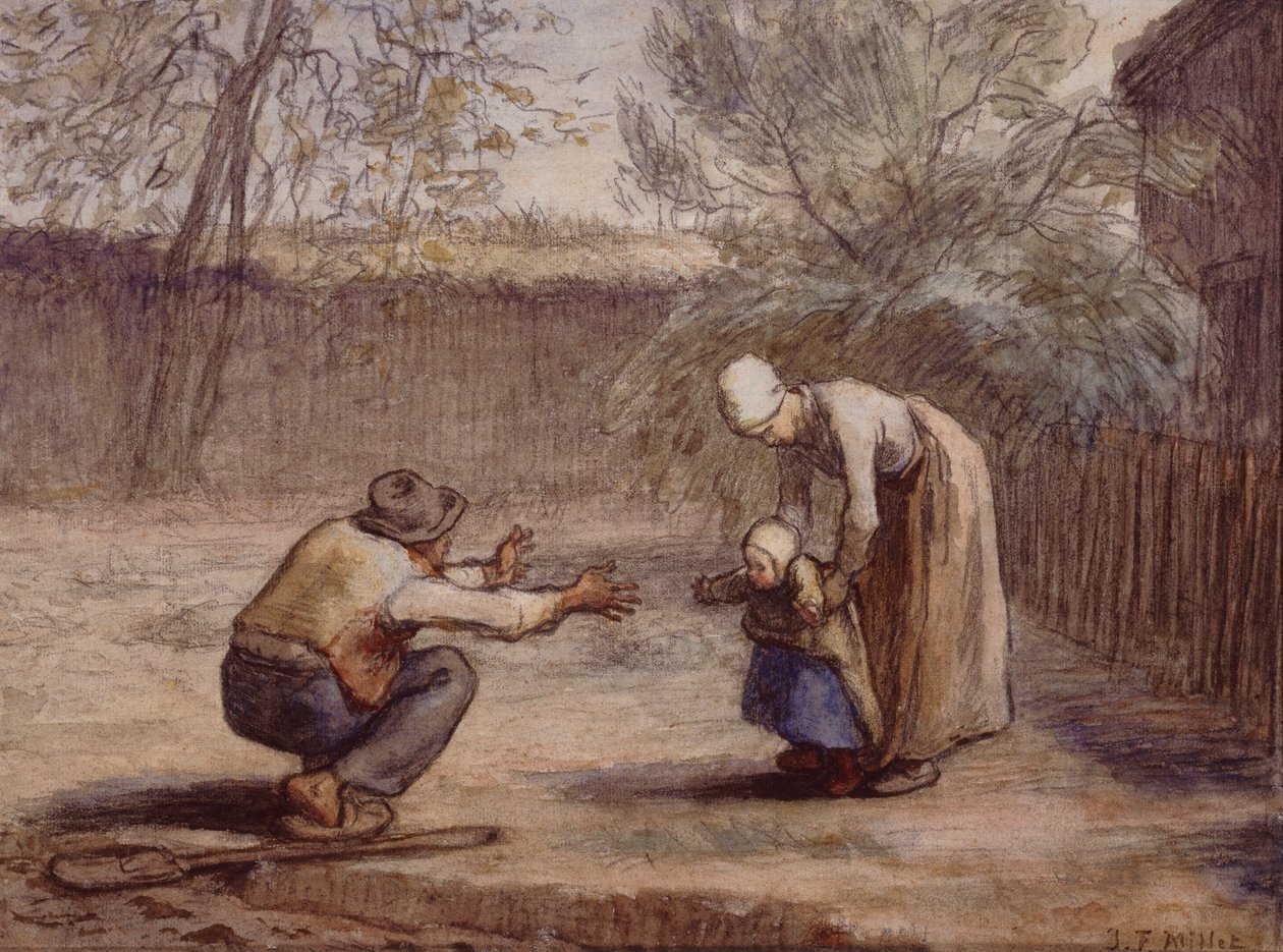 Första stegen (krita och akvarell) av Jean Francois Millet