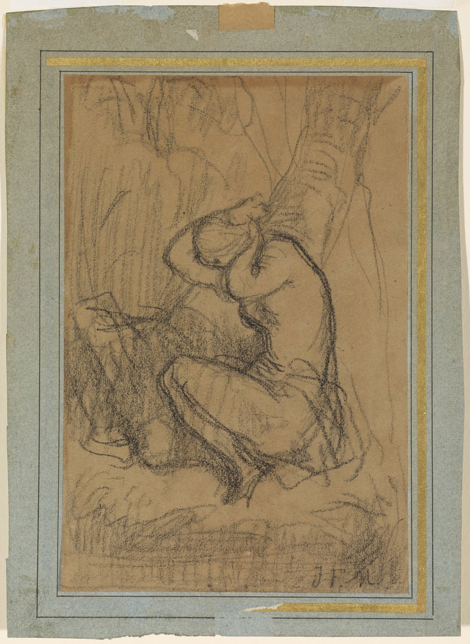 Ung kvinna fäster upp sitt långa hår efter badet av Jean Francois Millet