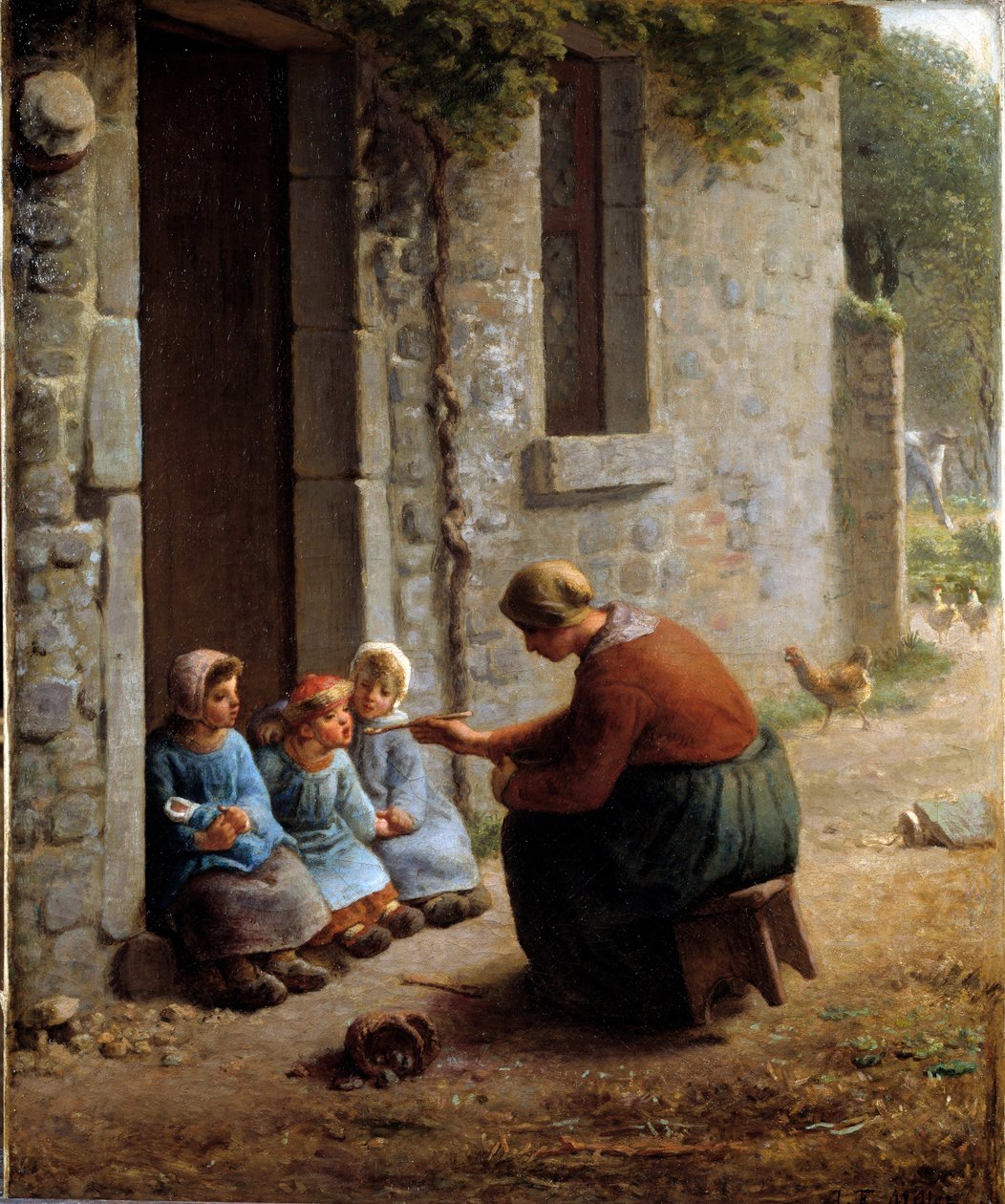La becquee eller bonde som matar sina barn. Målning av Jean Francois Millet (1814-1875) av Jean Francois Millet