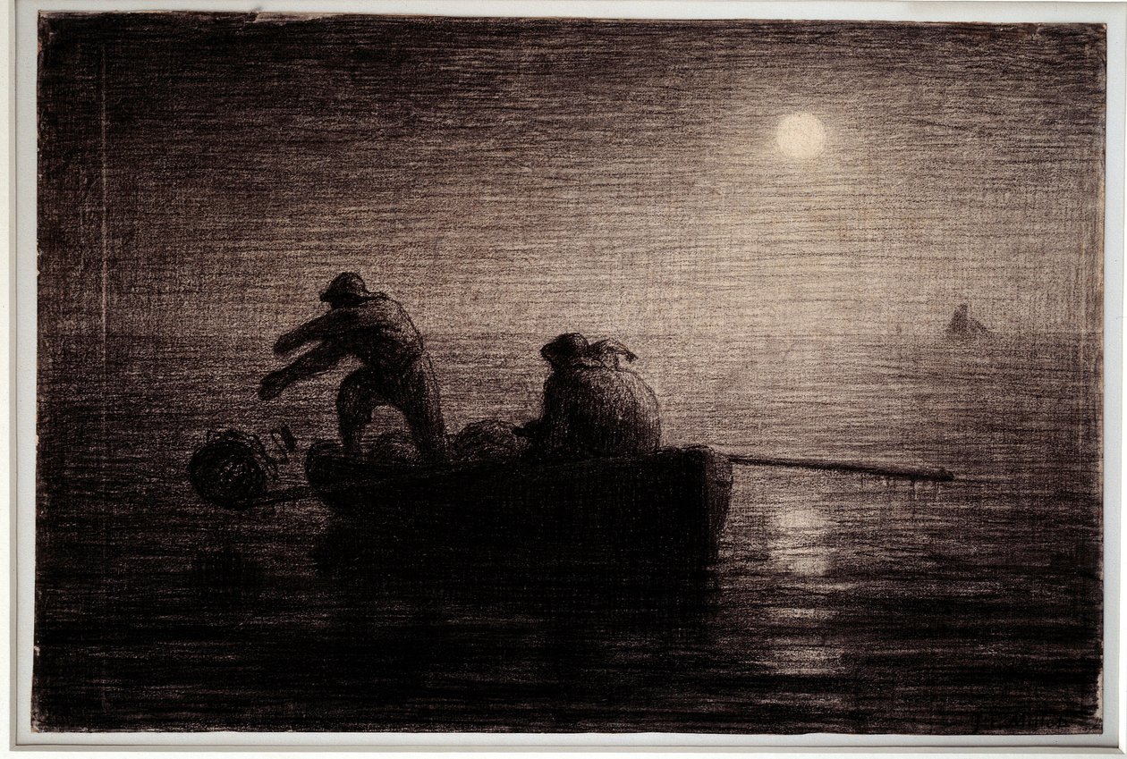 Hummerfiskare kastar sina leror, natteffekt Svart blyertsteckning av Jean Francois Millet (1814-1875), cirka 1856-1858. Dämpa. 0,32 x 0,49 m Paris. Orsay museum av Jean Francois Millet
