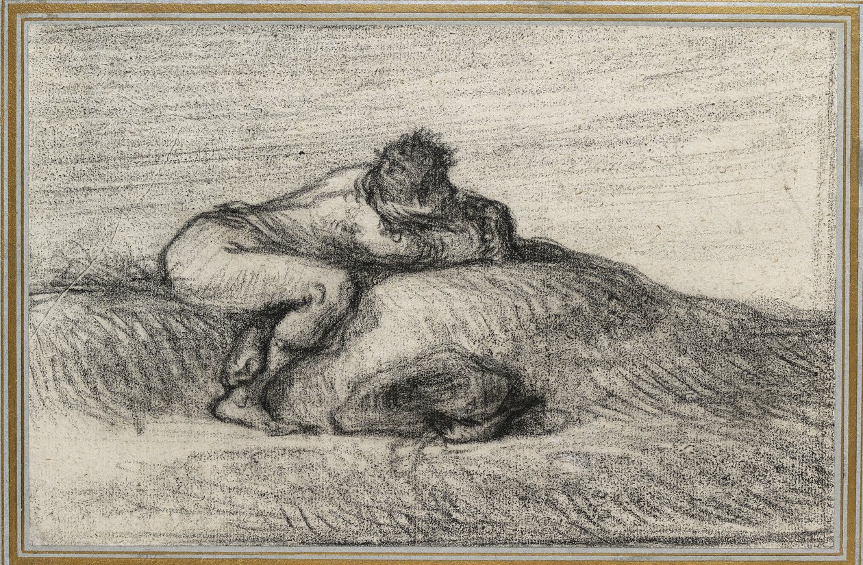 Man hukar på en kulle, 1848 - 1850 (svart krita på benvitt papper, nedlagd på ljusblått papper kantat med tre guldlinjer) av Jean Francois Millet