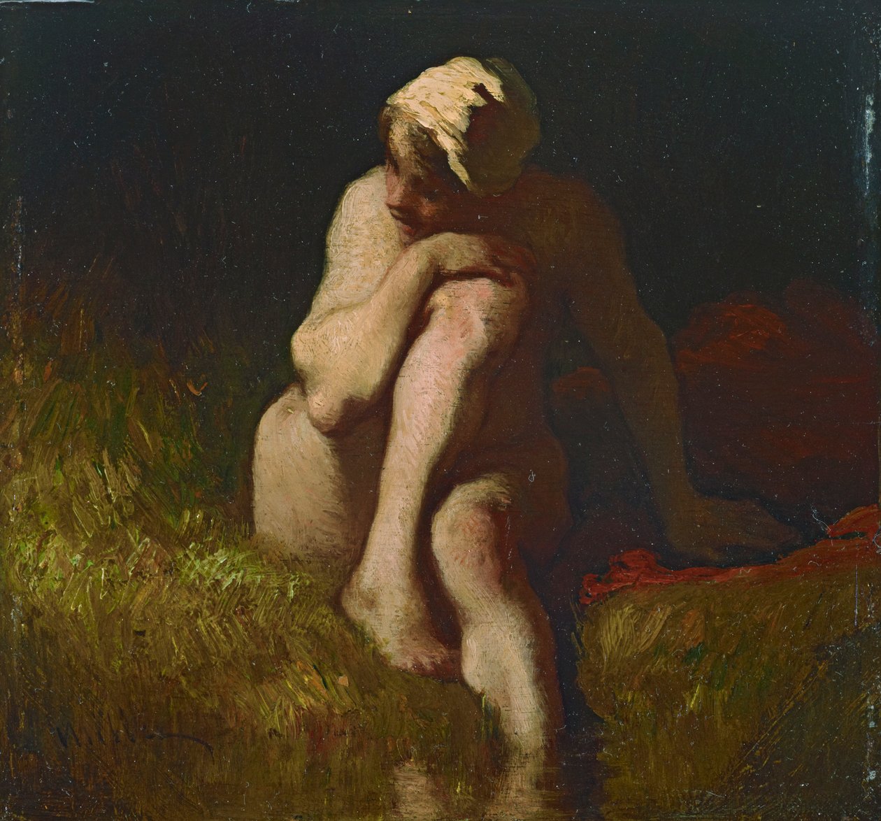Naken bondflicka som sitter på stranden av en bäck av Jean Francois Millet