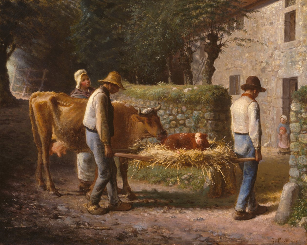 Bönder som tar hem en kalv som fötts på fälten av Jean Francois Millet