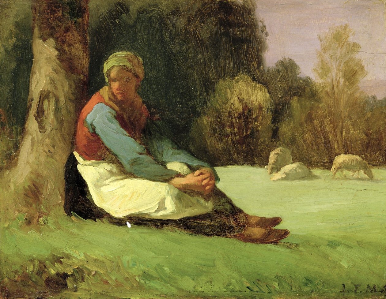 Sittande herdinna (olja på pannå) av Jean Francois Millet