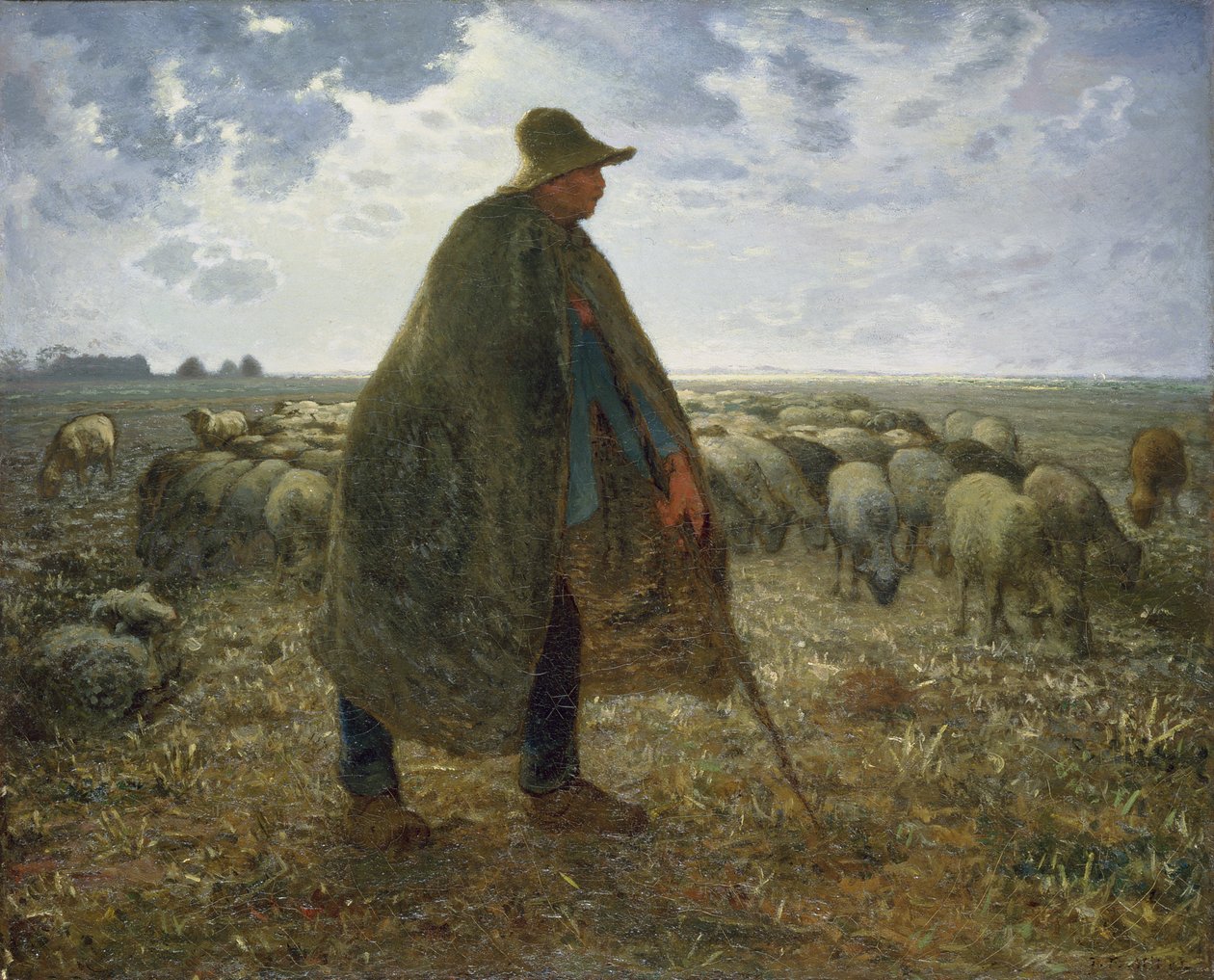 Shepherd som vårdar sin flock (olja på duk) av Jean Francois Millet