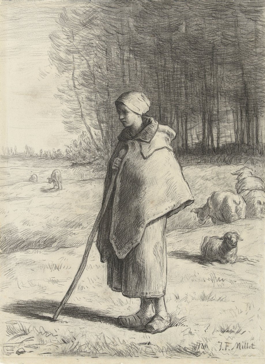 Herdinna, 1860-69 (krita på papper) av Jean Francois Millet