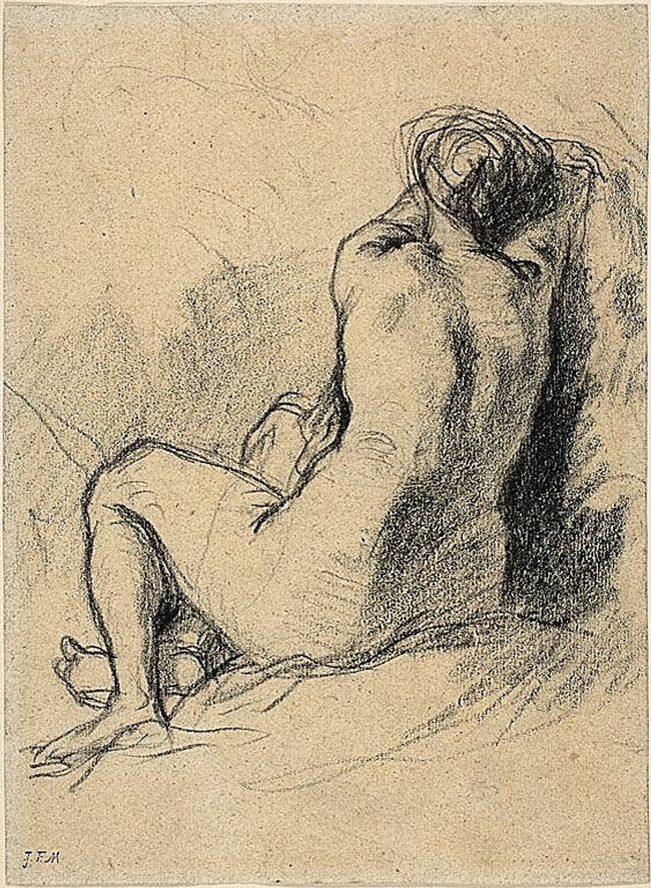 Studie: Naken kvinna sedd bakifrån (recto) Skisser av arbetande bönder (verso) av Jean Francois Millet