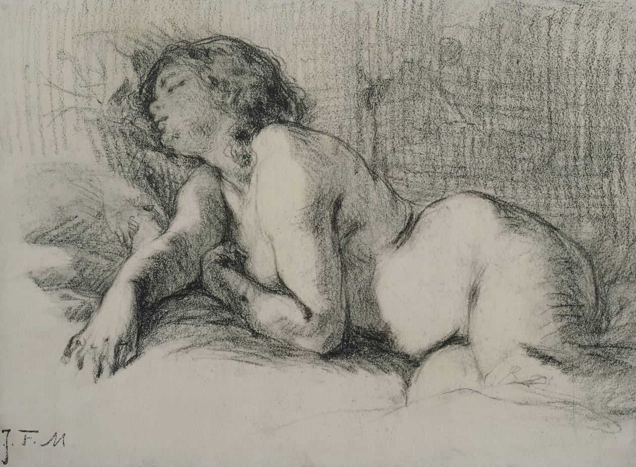 Studie av en liggande kvinnlig naken (kol på papper) av Jean Francois Millet