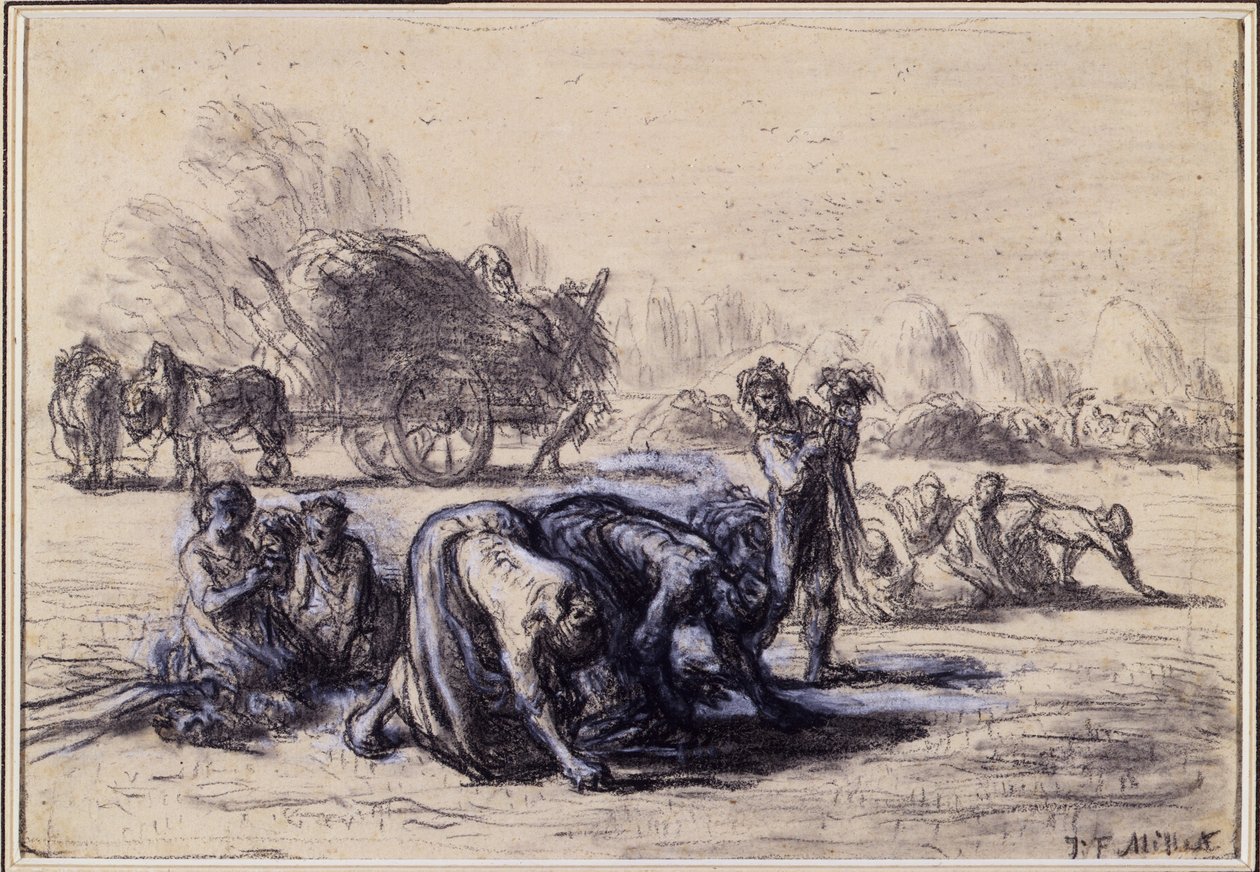 The Month of August: The Gleaners, c.1851-52 (svartvit pastell på papper) av Jean Francois Millet