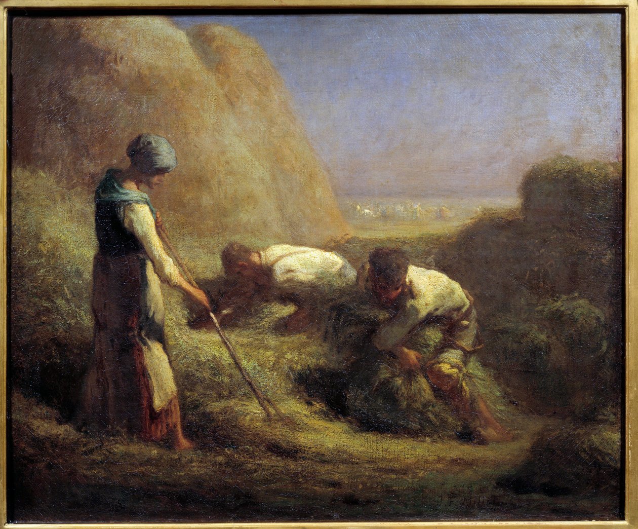 Höbåtsmännen. Bönder sminkar stövlarna med höet som nyss klippts. Målning av Jean Francois Millet (1814-1875) 1800-talets sön. 0,54x0,65 m av Jean Francois Millet