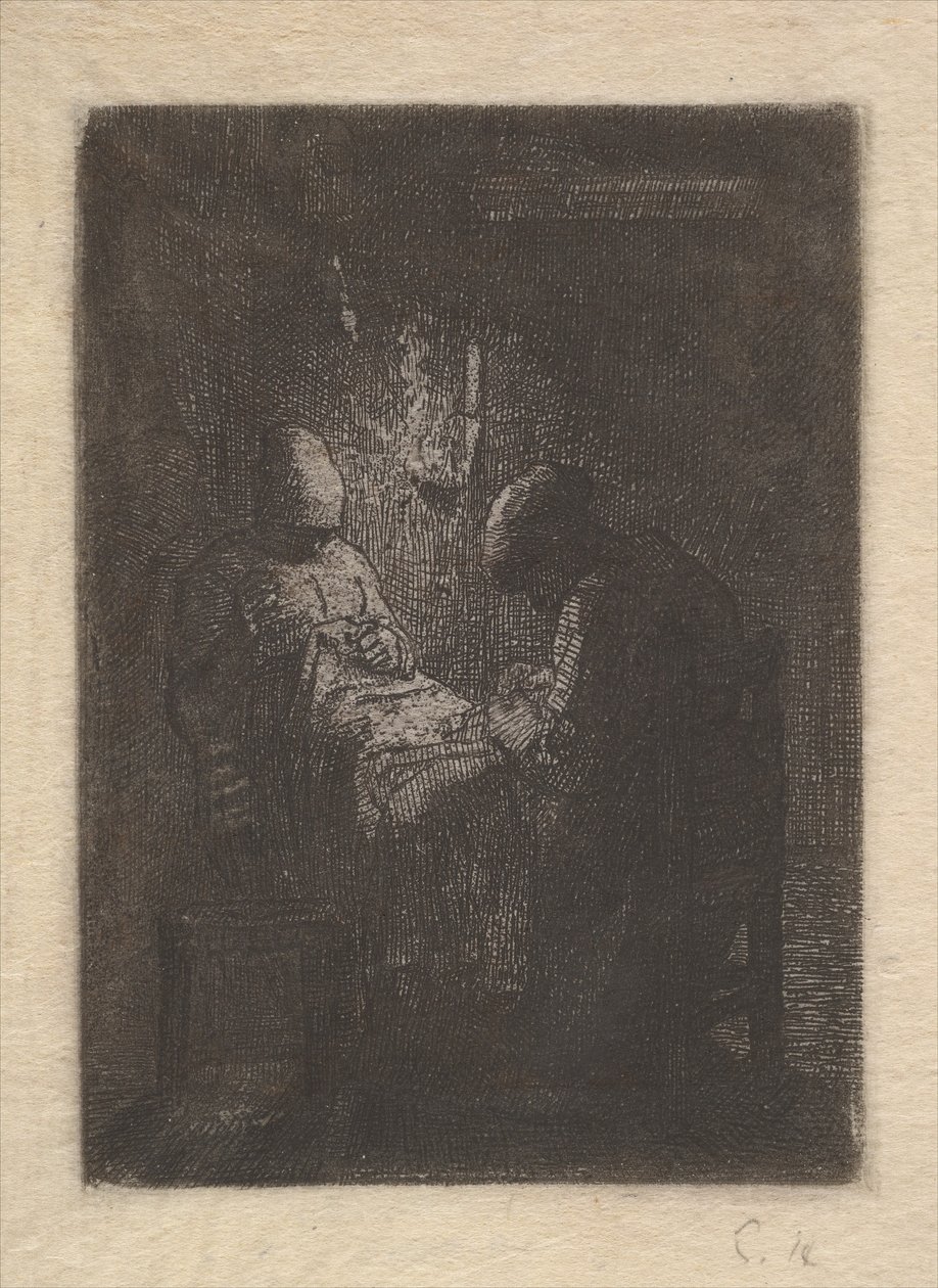 Två kvinnor som syr av Lamplight, ca. 1853. av Jean Francois Millet