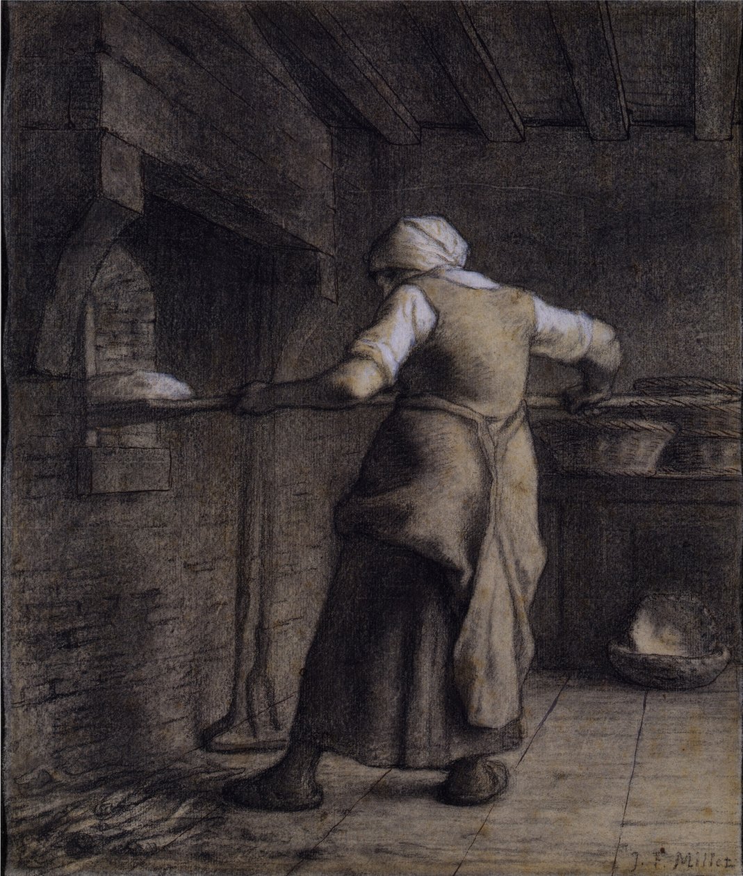 Kvinna som bakar bröd (svart, vit & brun krita på papper) av Jean Francois Millet