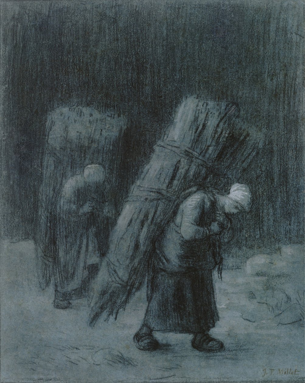 Kvinnor som bär kvistar, ca 1858 (kol förhöjt med vit gouache, träkolskant, på tungt lagt gråblått papper) av Jean Francois Millet