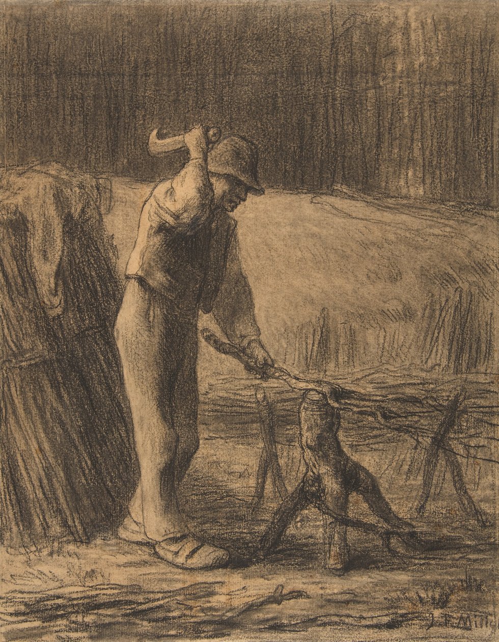 Woodcutter Trimming Twigs, 1853-54 (conté krita med stumpning på beige lagt papper) av Jean Francois Millet