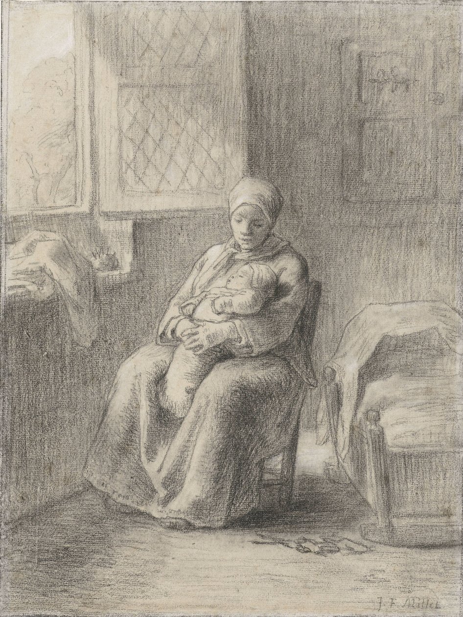 Sittande kvinna med baby vid ett öppet fönster av Jean Francois Millet