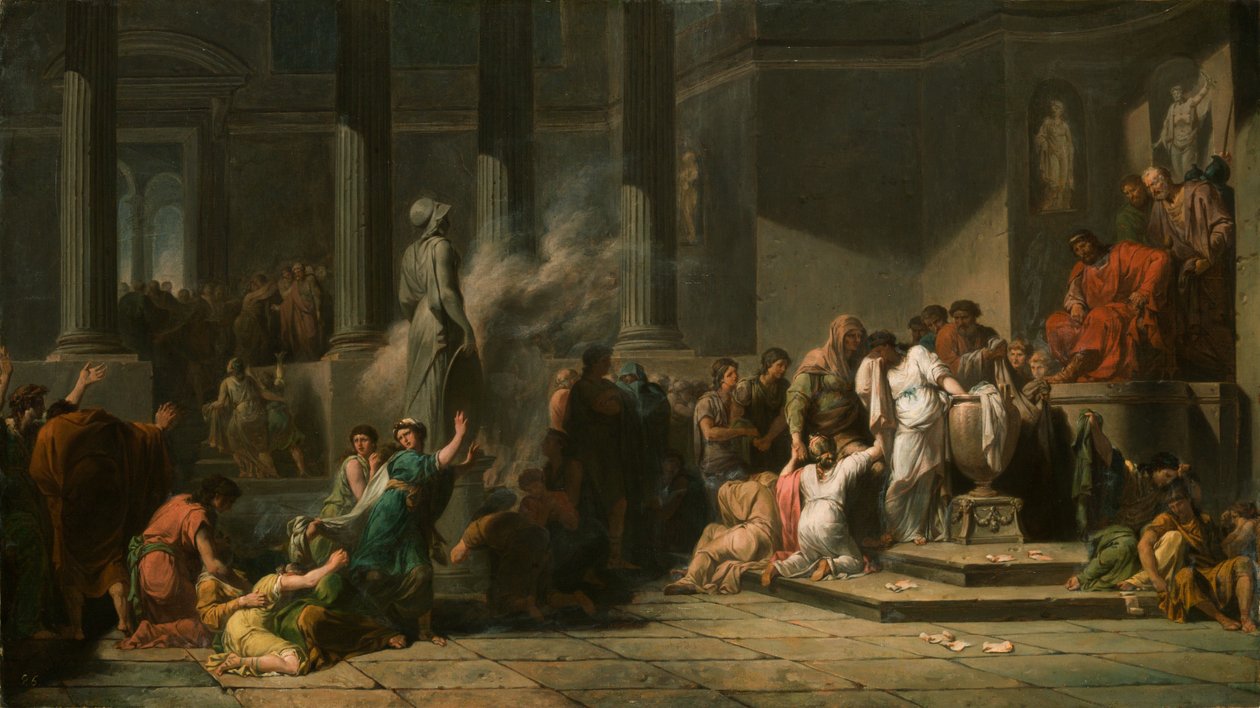 Atenska flickor drar lott för att avgöra vilka sju av dem som ska skickas till Kreta för att offras till Minotauren (olja på duk) av Jean François Pierre Peyron