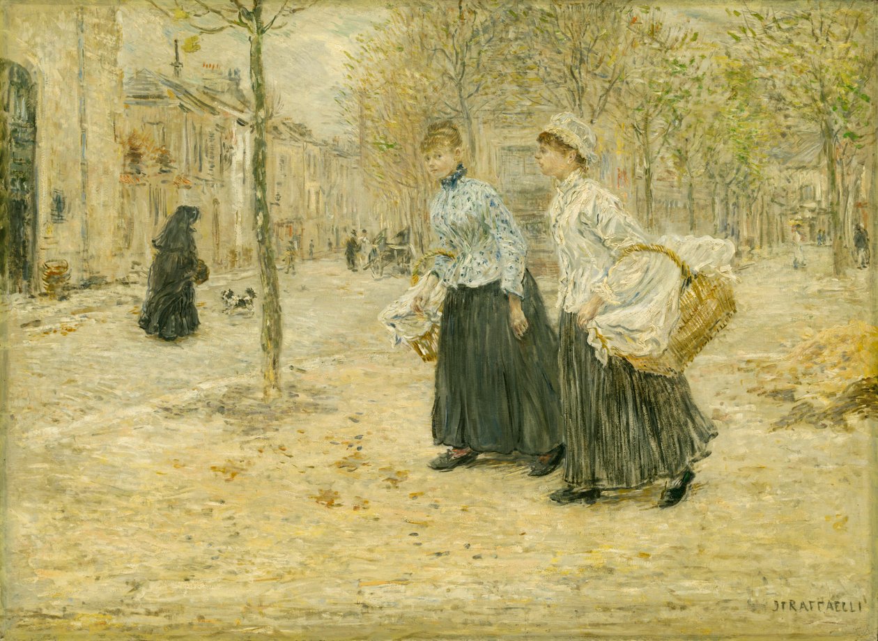 Två tvättkvinnor korsar en liten park i Paris av Jean Francois Rafaelli