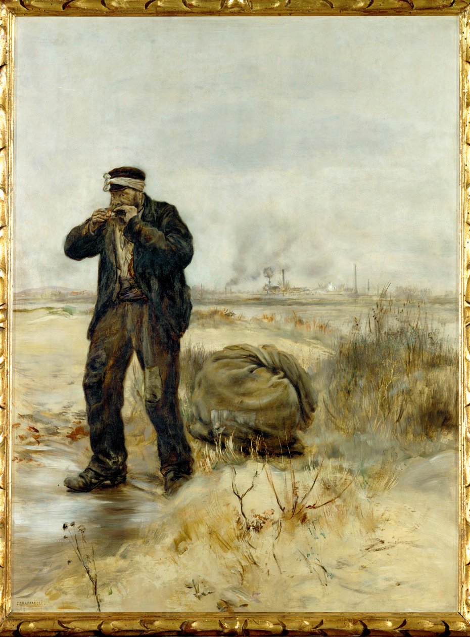 Chiffonnier allumant sa pipe - lumpsamlare som tänder sin pipa (olja på trä) av Jean Francois Raffaelli