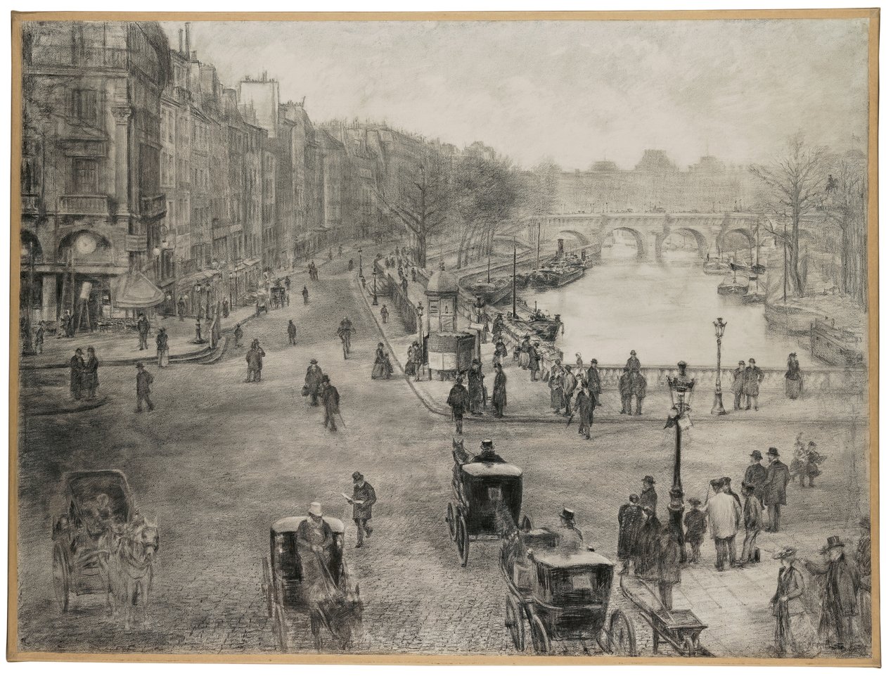 Paris, Place de Saint Michel med Quai des Grands Augustins och Pont Saint Michel i förgrunden och Pont Neuf och Louvren i bakgrunden, ca 1900 av Jean Francois Raffaelli