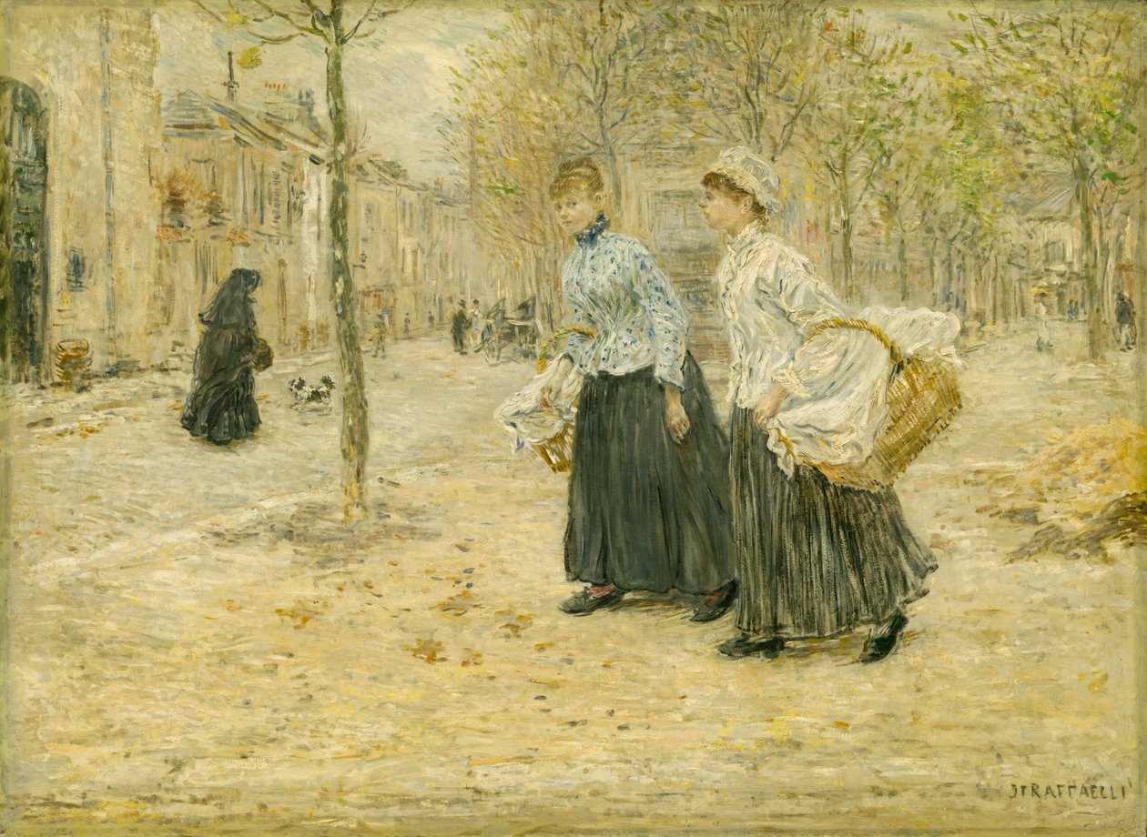 Två tvättkvinnor korsar en liten park i Paris av Jean Francois Raffaelli