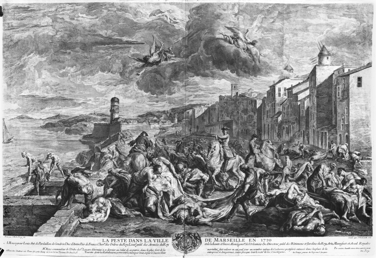 Pesten 1720 i Marseille, graverad av Simon Thomassin (1655-1733) 1727 (gravyr) (s/v foto) av Jean Francois de (after) Troy