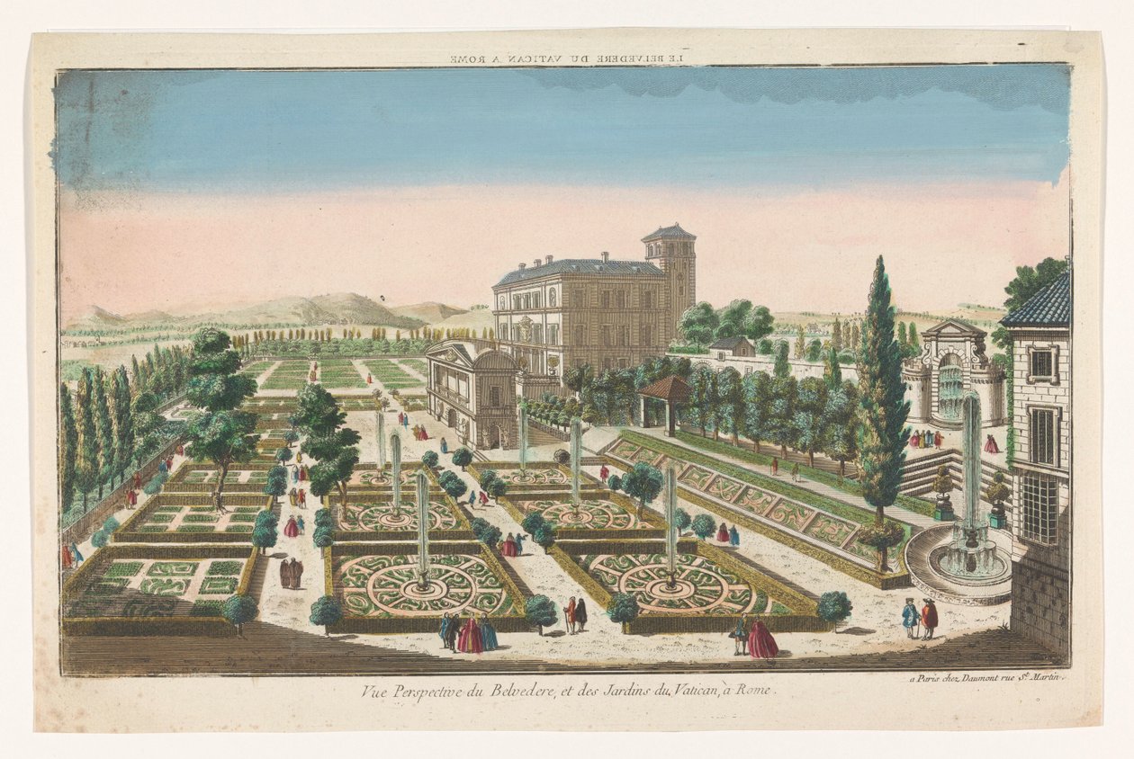 Utsikt över Giardini Vaticani i Vatikanstaten Le Belvedere du Vatican a Rom (titel på objekt) av Jean François Daumont