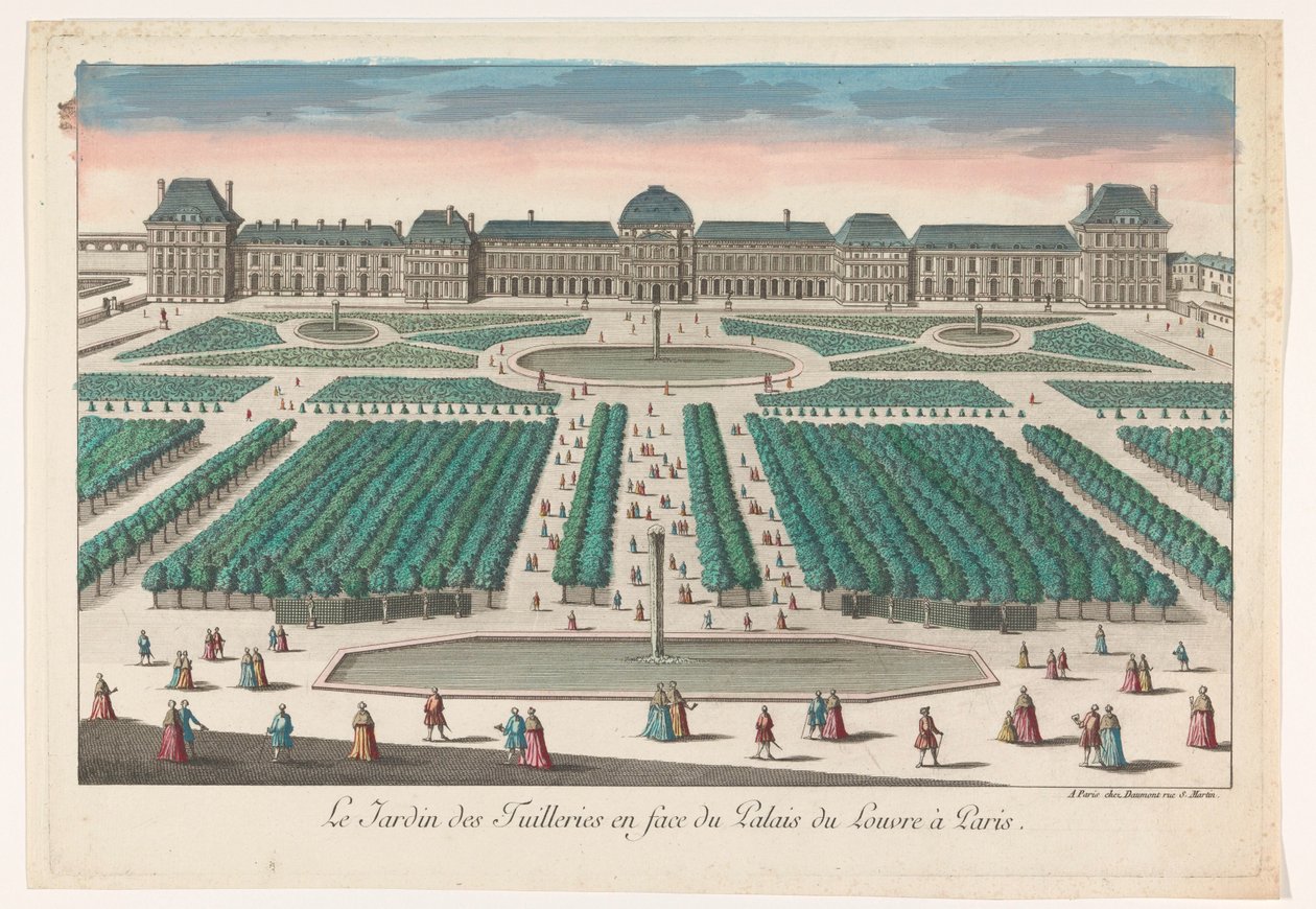 Utsikt över Jardin des Tuileries i Paris sett mot Palais du Louvren Le Jardin des Tuilleries en face du Palais du Louvre i Paris (titel på objektet) av Jean François Daumont