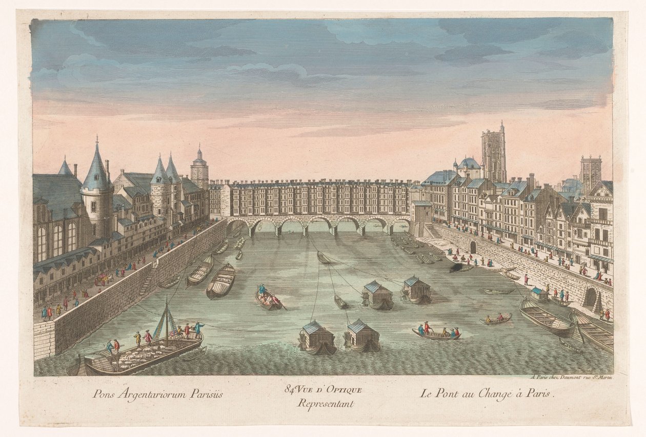 Utsikt över den bebyggda Pont au Change över floden Seine i Paris 84:e. Vue d