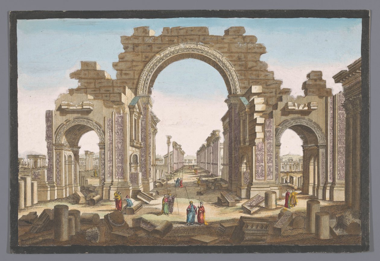 Utsikt över ruinerna av pelargångsbågen vid Palmyra, sett från öster 11:e. Vue d