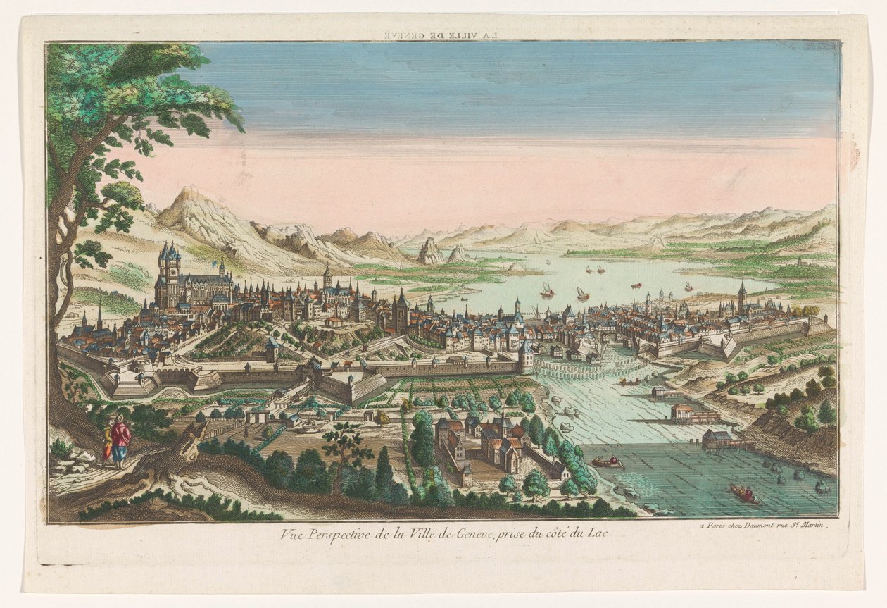 Utsikt över staden Genève sett från Genèvesjön La ville de Geneve (titel på objekt) av Jean François Daumont