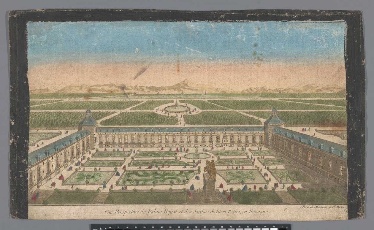 Utsikt över trädgården och Palacio del Buen Retiro i Madrid Vüe ​​​​perspective du Palais Royal et des Jardins du Buen Retiro, en Espagne (titel på objekt) av Jean François Daumont