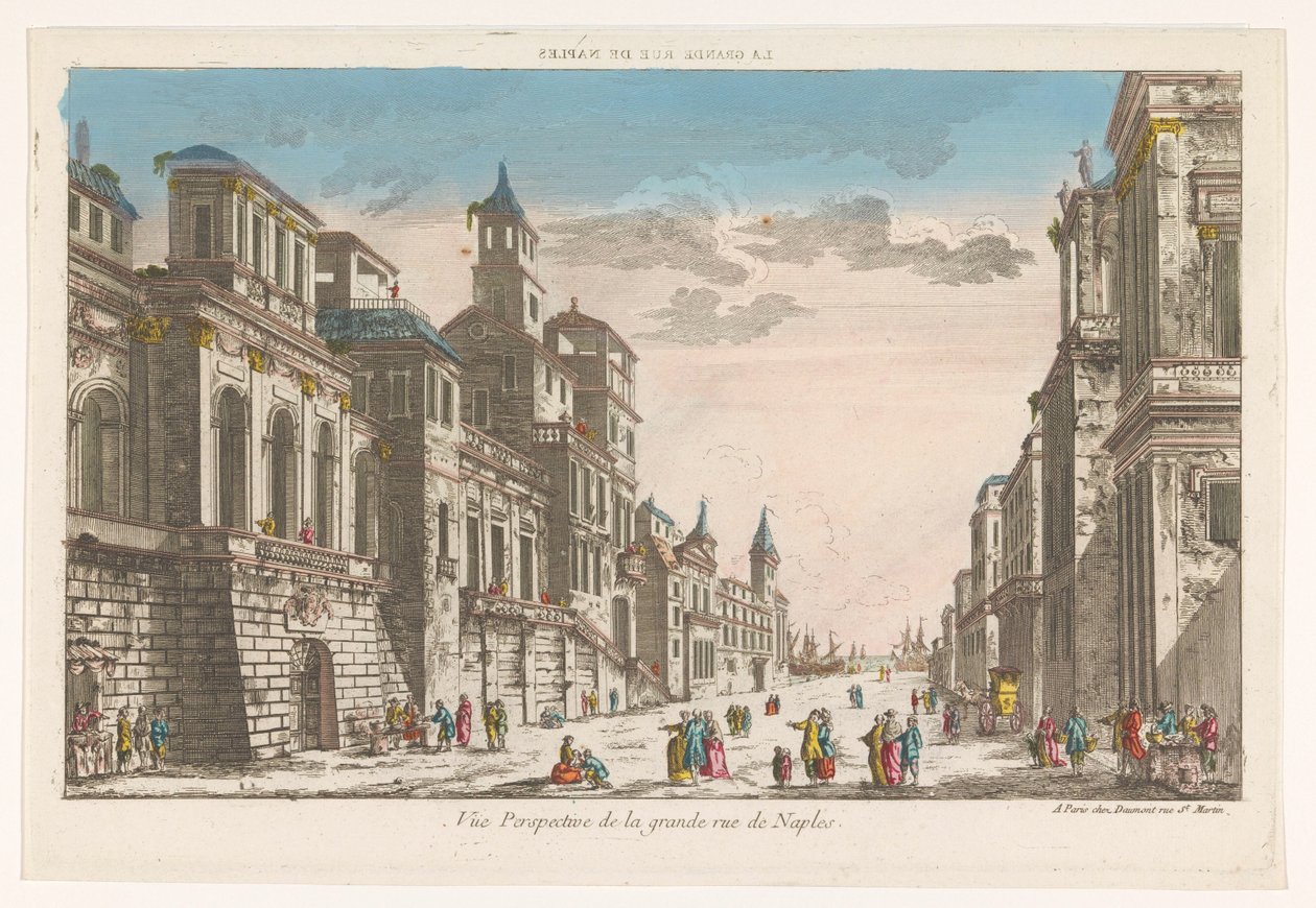 Utsikt över en gata mot havet i Neapel La grande rue de Naples (titel på objekt) av Jean François Daumont