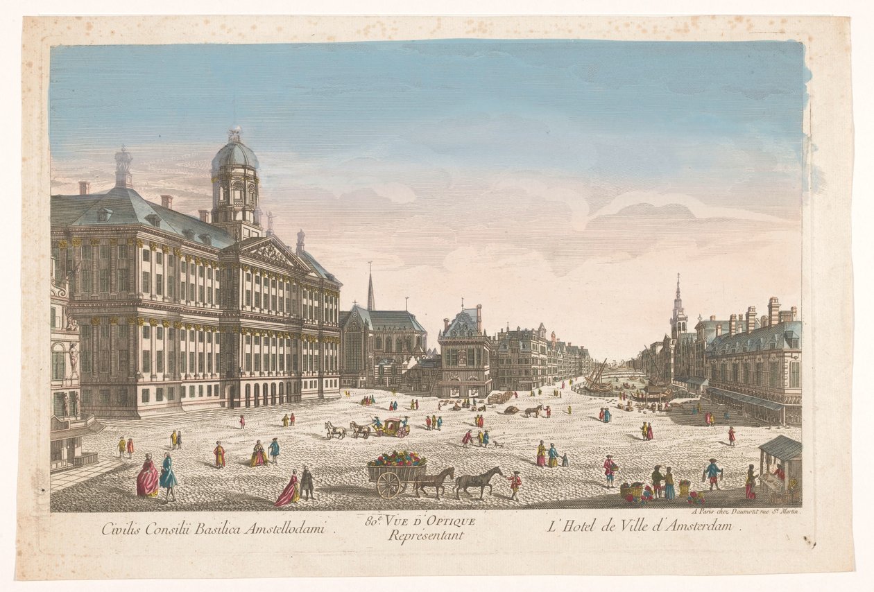Utsikt över stadshuset och Dam-torget i Amsterdam 80:e. Vue d
