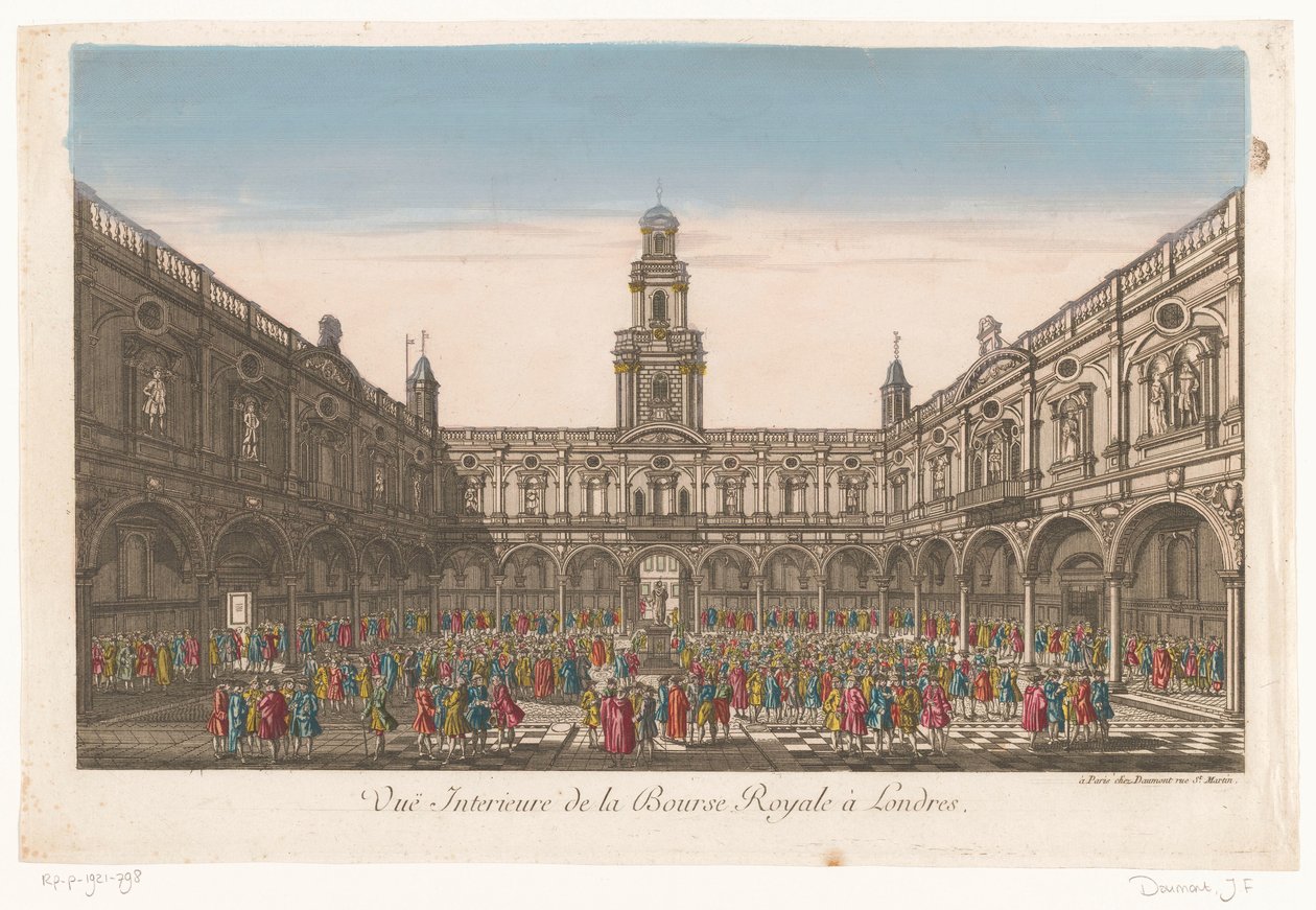 Vy över interiören av Royal Exchange i London Vuë Interieure de la Bourse Royale à Londres (titel på objekt) av Jean François Daumont