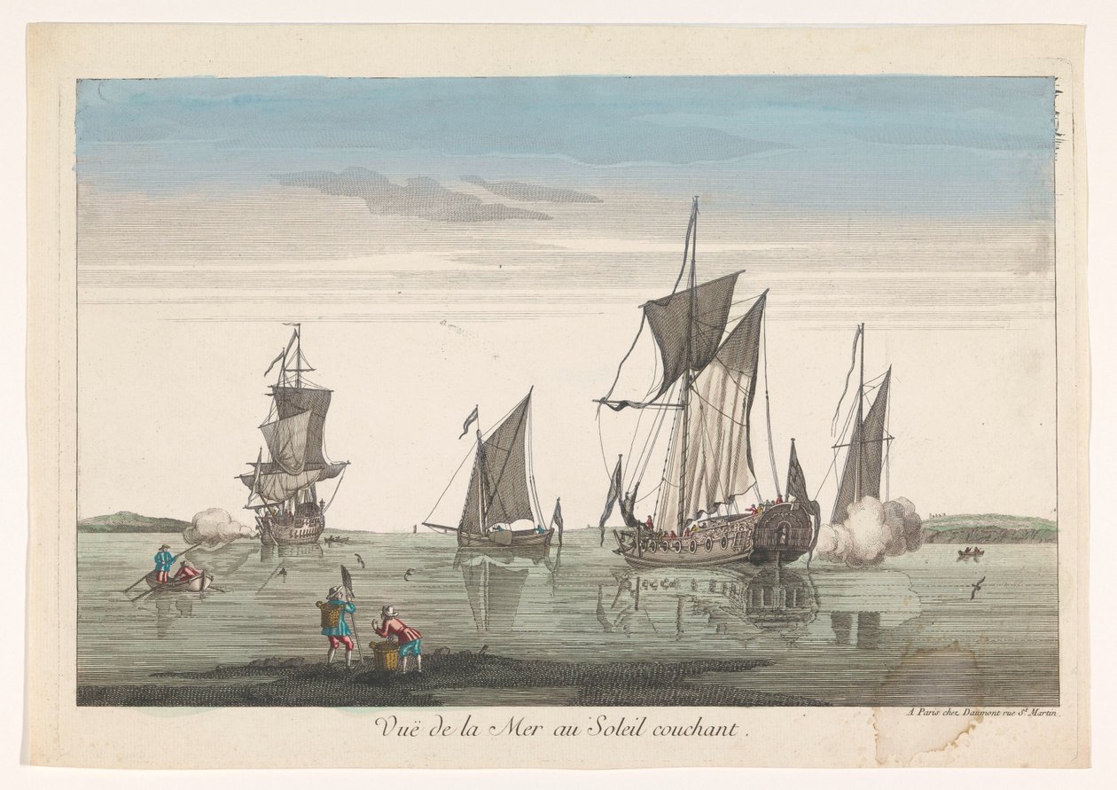 Havslandskap med fartyg och båtar vid solnedgången Vue de la mer au soleil couchant (titel på objekt) av Jean François Daumont