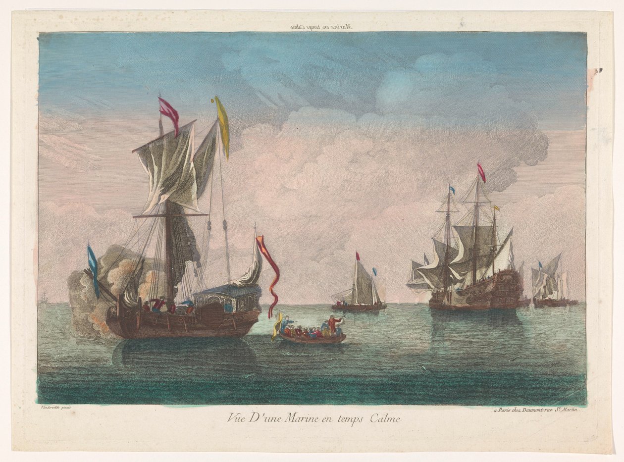 Havslandskap med fartyg och båtar på ett lugnt hav Marine and temps calme (titel på objekt) av Jean François Daumont
