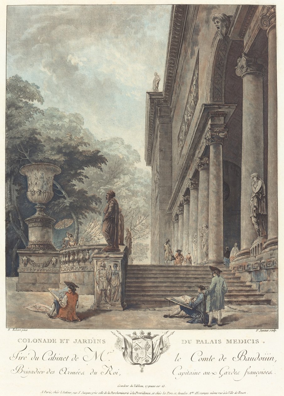 Kolonnaden och trädgårdarna i Medicipalatset av Jean François Janinet after Hubert Robert