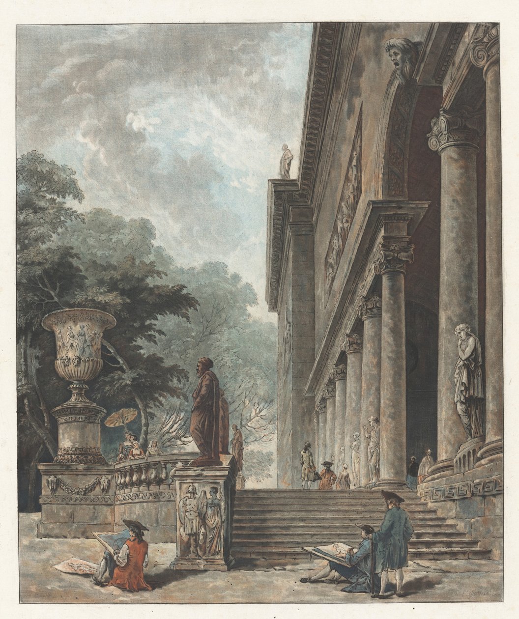 Kolonnaden och trädgårdarna i Palazzo Medici av Jean François Janinet after Hubert Robert