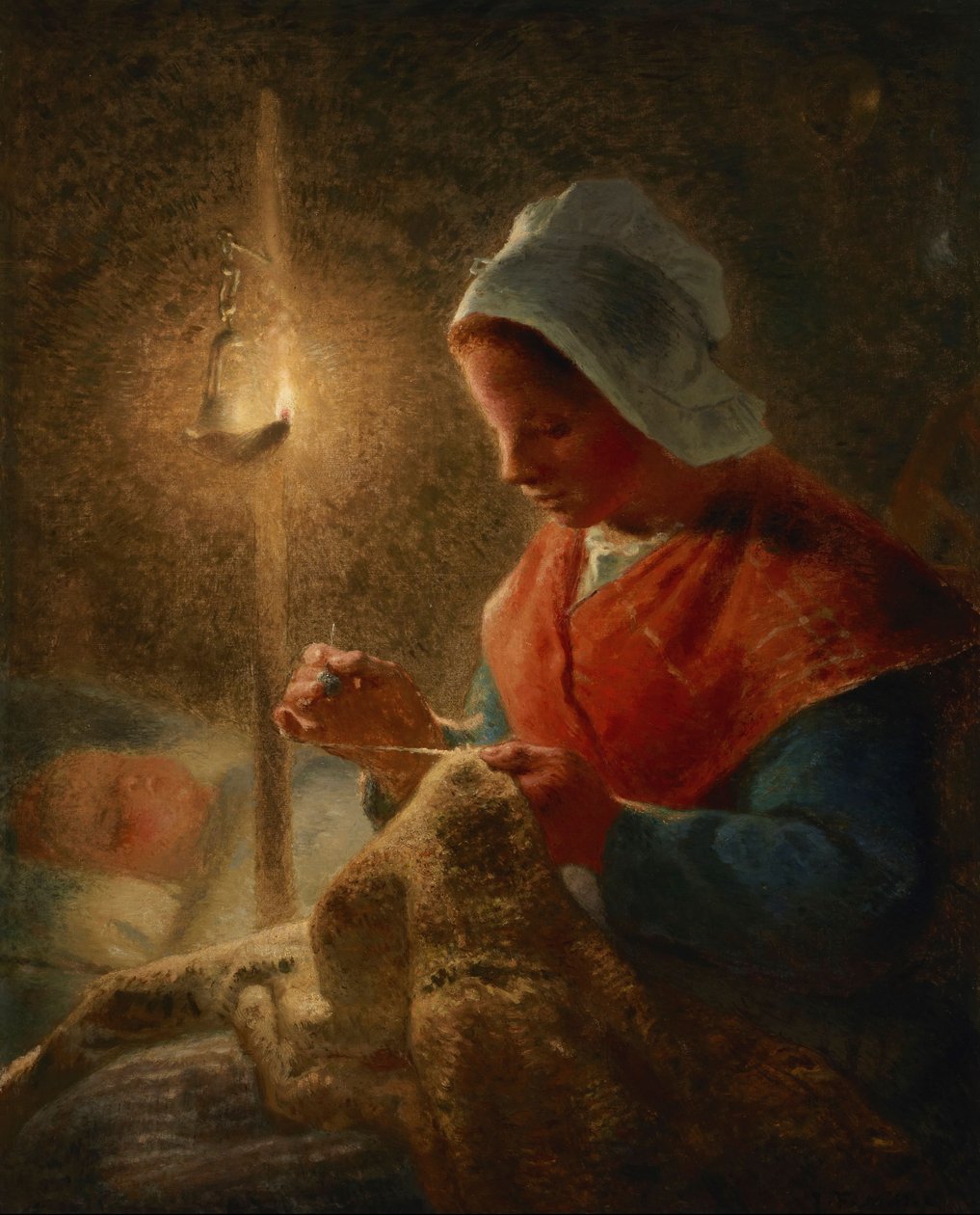 Franska: Femme coud à la lumière de la lampe Kvinna som syr i lampans sken av Jean Francois Millet